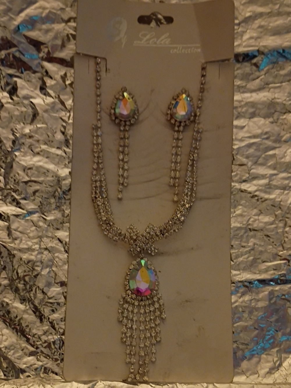 Tea Collection Iridescent Teardrop Fringe Necklace and Earrings - Silver Tone